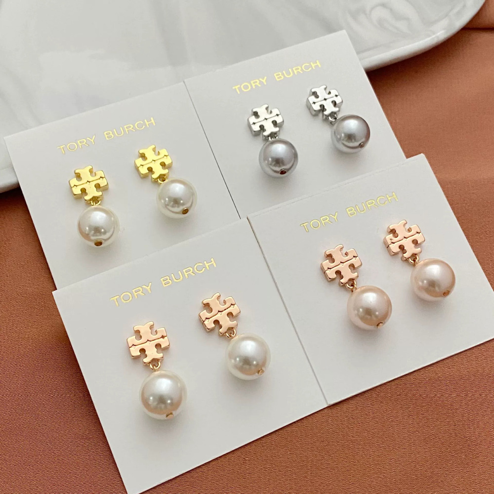 Tory Burch Polished Inlaid Letter Pearl Drop Earrings Metal